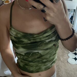 GREEN MARBLE MESH COWL CROSS BACK TOP